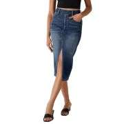 High Waisted Stretch Denim Midi Skirt