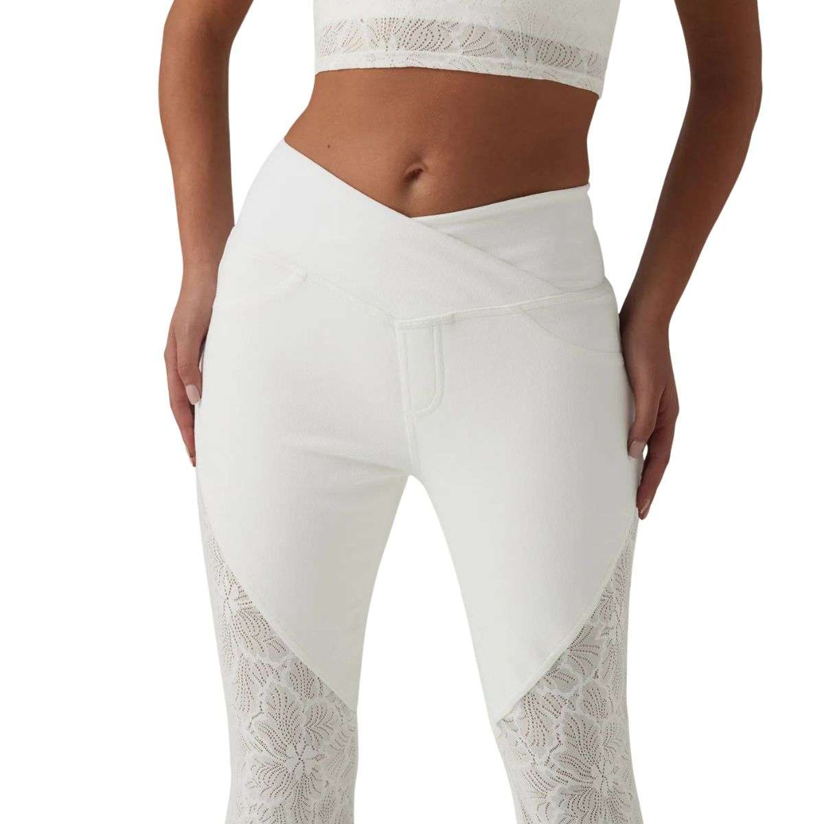 High Waisted Crossover Contrast Lace Flare Jeans