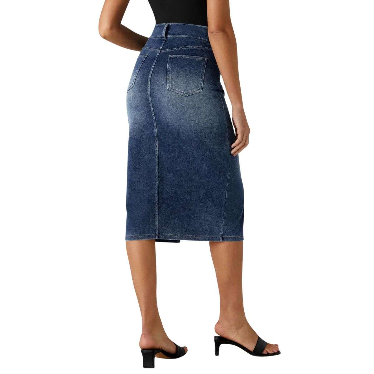 High Waisted Stretch Denim Midi Skirt