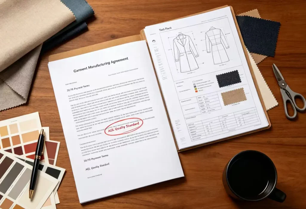 Clothing manufacturing contract with detailed Tech Pack, fabric specifications, measurements and garment construction requirements