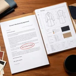 Clothing manufacturing contract with detailed Tech Pack, fabric specifications, measurements and garment construction requirements