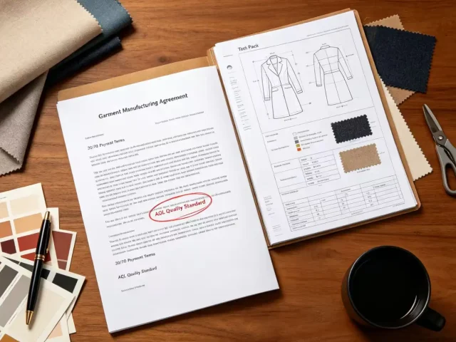 Clothing manufacturing contract with detailed Tech Pack, fabric specifications, measurements and garment construction requirements