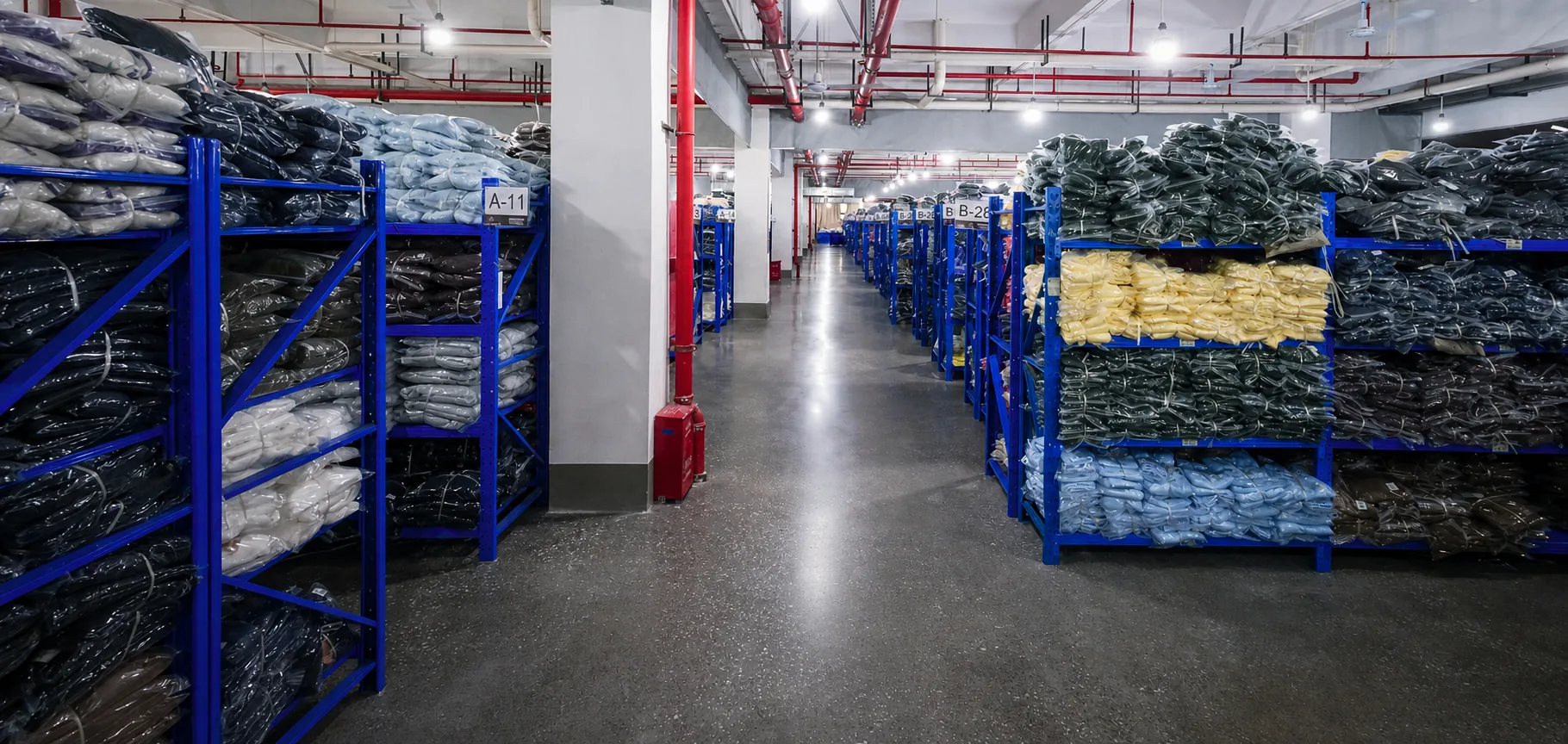 Finished garment warehouse for private label order control at New Asia Garment