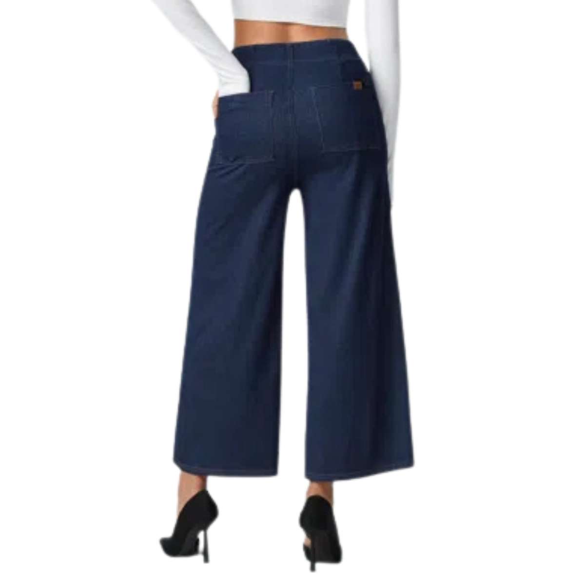 High Rise Button Front Cropped Wide Leg Jeans