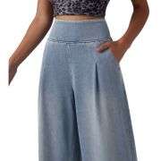 High Waist Washed Wide Leg Jeans with Stretch Waistband