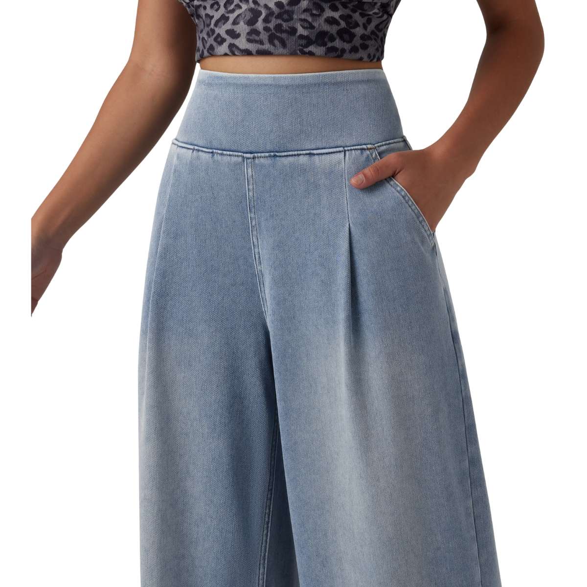 High Waist Washed Wide Leg Jeans with Stretch Waistband