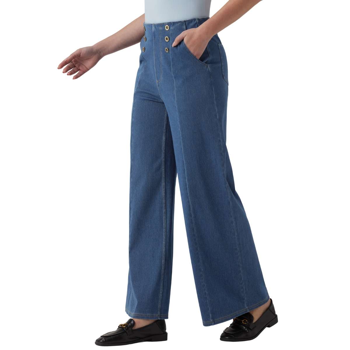 High Waist Button Detail Wide Leg Jeans