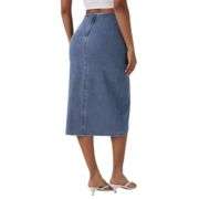 High Rise Wrap Front Tulip Midi Denim Skirt