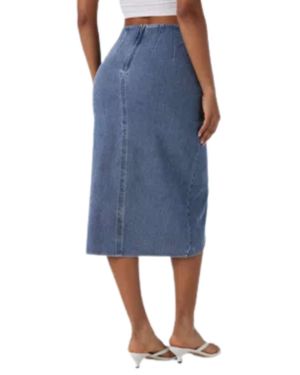 High Rise Wrap Front Tulip Midi Denim Skirt