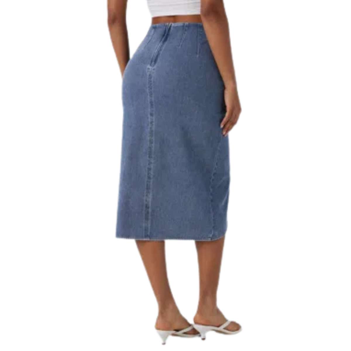 High Rise Wrap Front Tulip Midi Denim Skirt