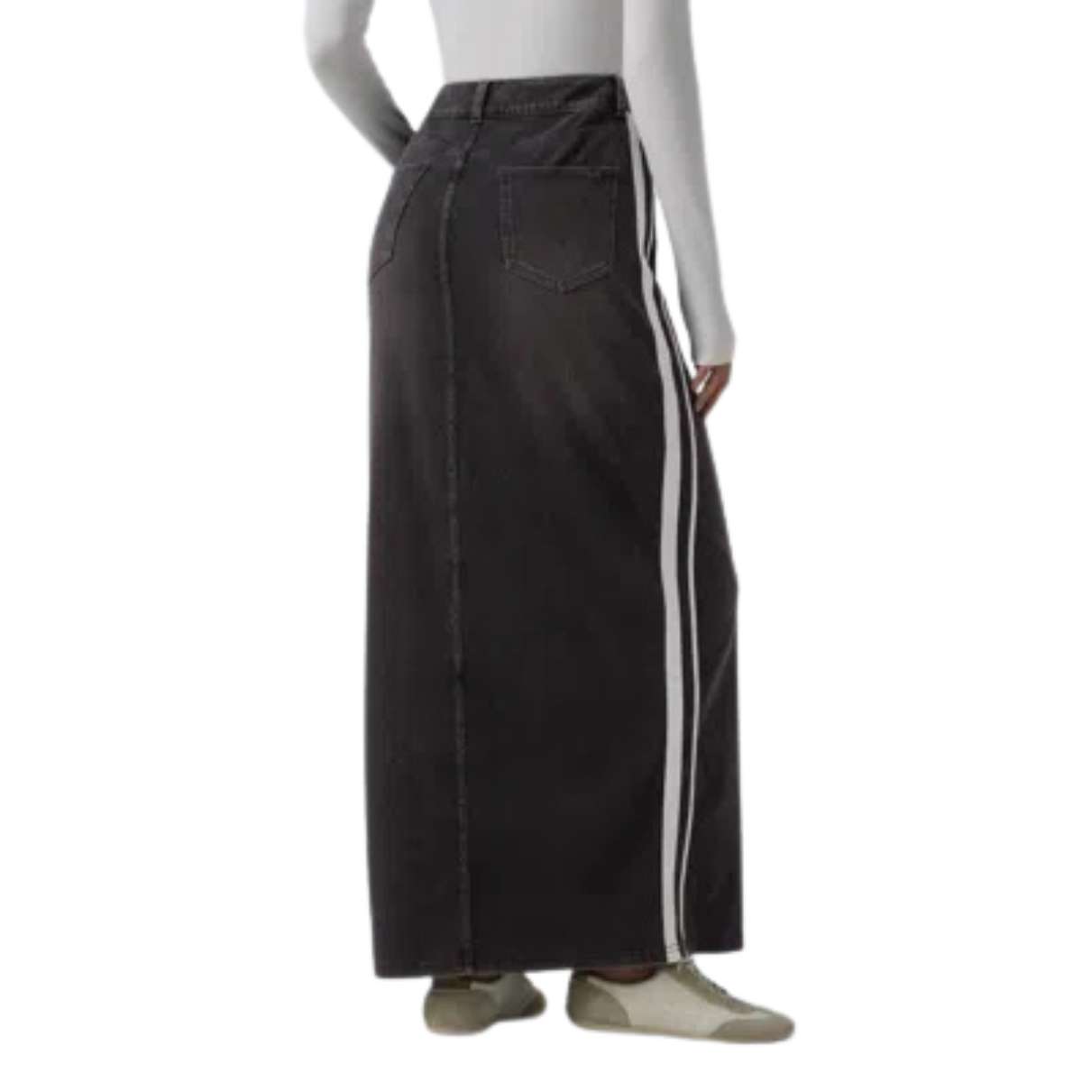 High Rise Side Stripe Split Maxi Denim Skirt