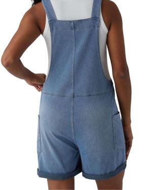V-Neck Rolled Hem Denim Short Overalls with Pockets