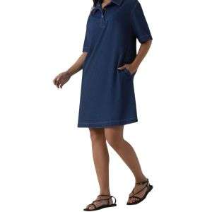 Short Sleeve Polo Denim Mini Dress with Pockets