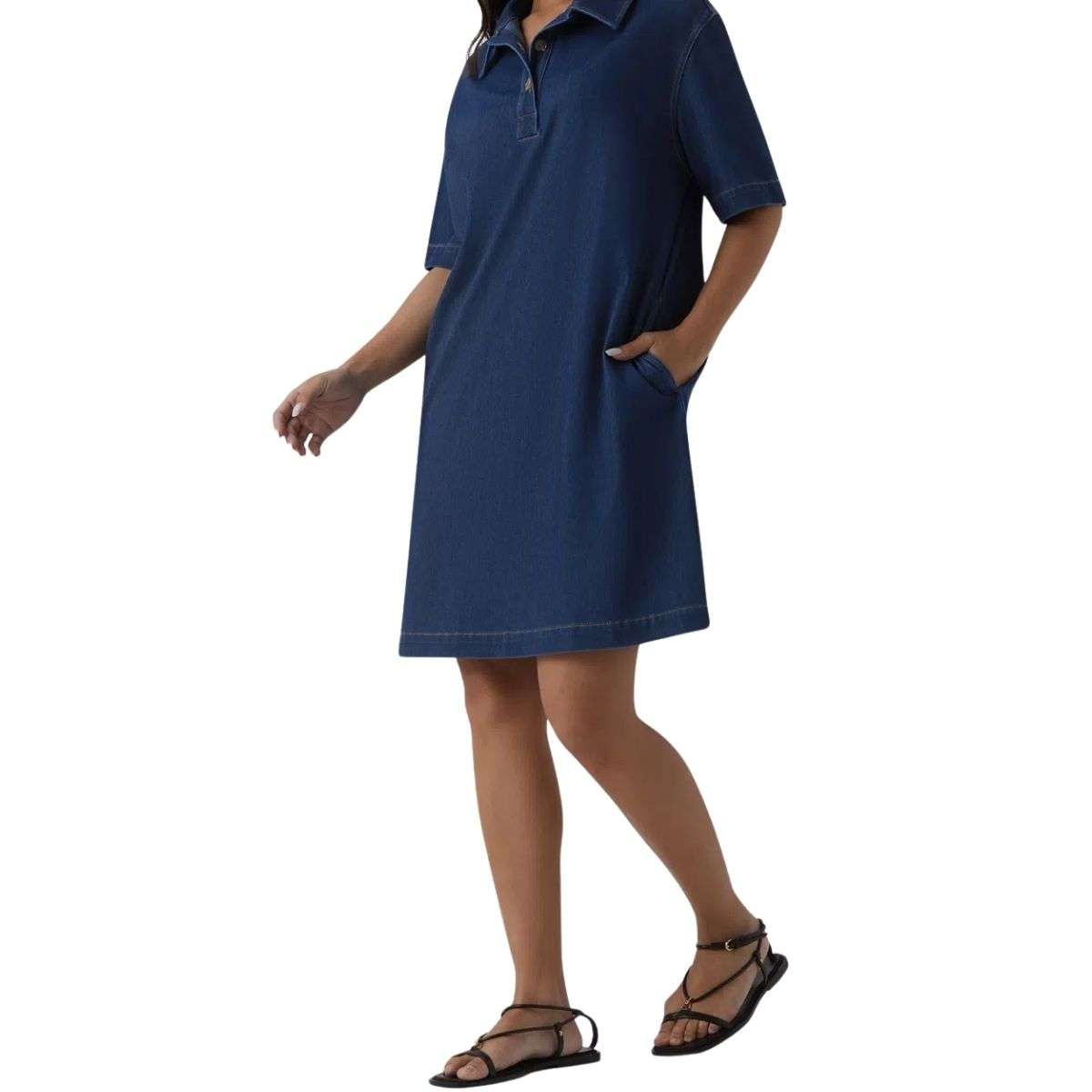 Short Sleeve Polo Denim Mini Dress with Pockets