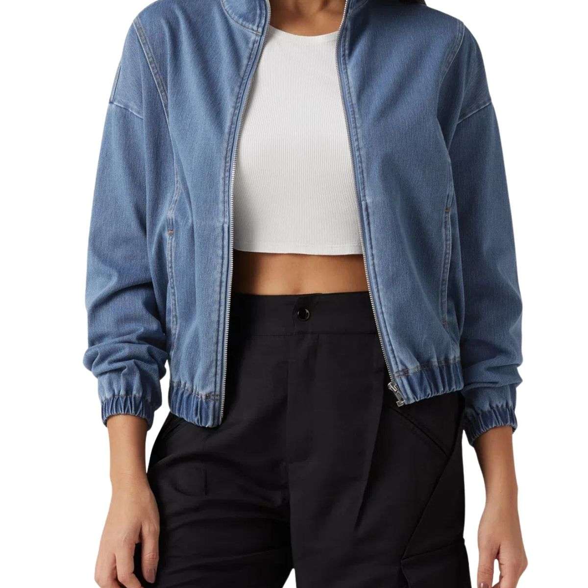 Zip-Up Stand Collar Relaxed Denim Jacket