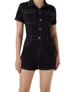 Contrast Stitch Button-Up Denim Utility Romper