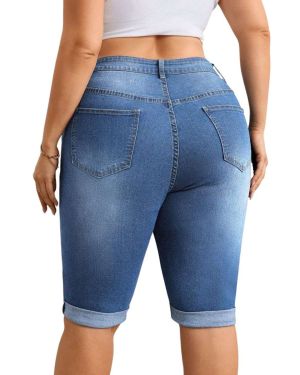 High Waist Stretch Denim Bermuda Shorts