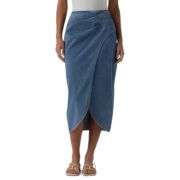 High Rise Wrap Front Tulip Midi Denim Skirt