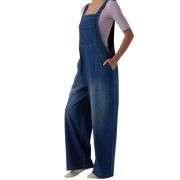 Washed Wide Leg Denim Overalls with Utility Pockets