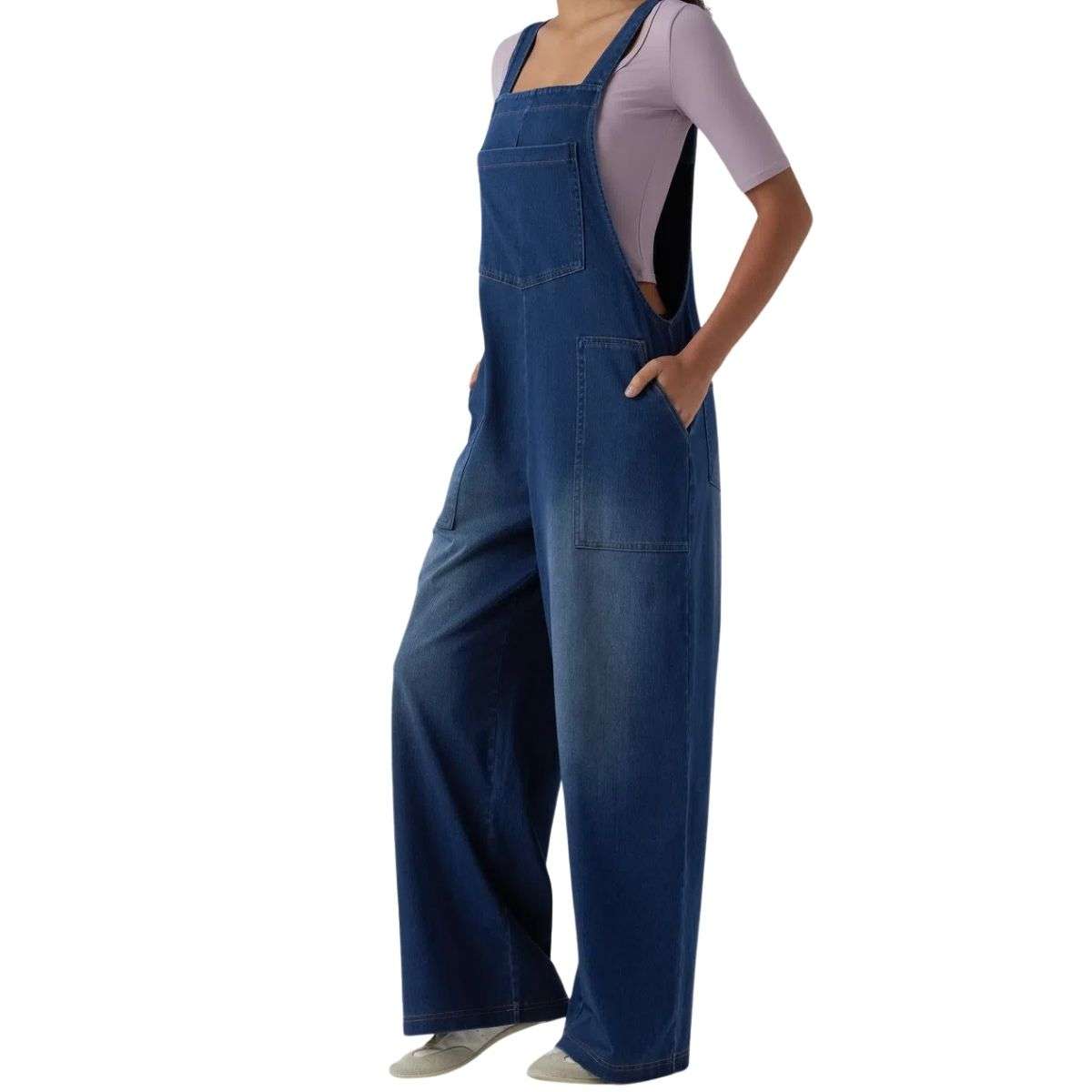 Washed Wide Leg Denim Overalls with Utility Pockets