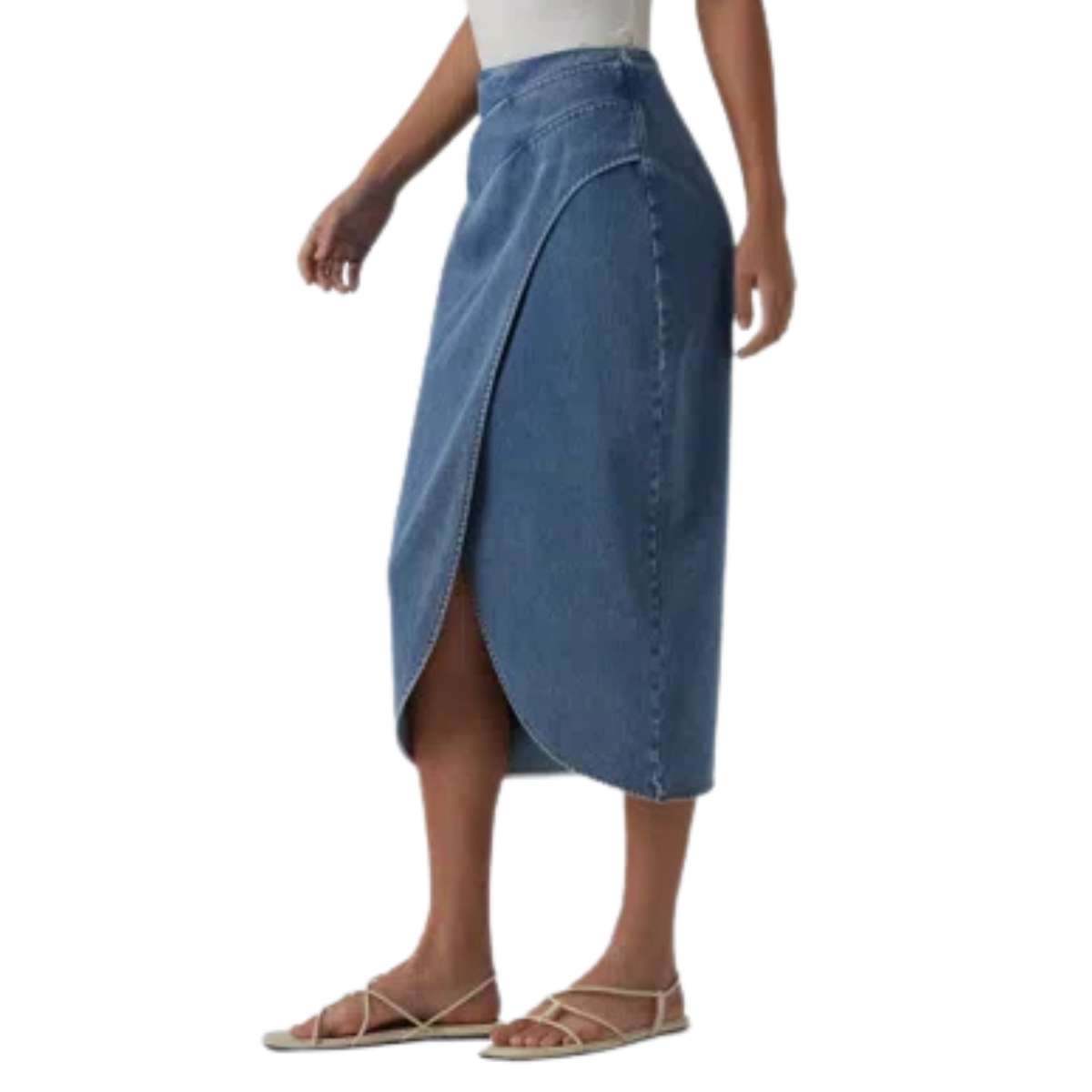 High Rise Wrap Front Tulip Midi Denim Skirt