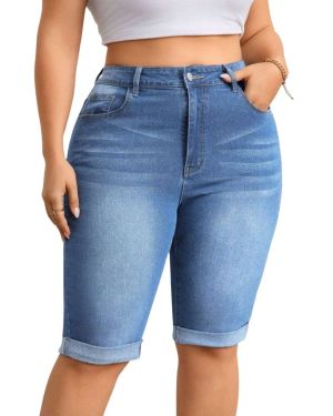High Waist Stretch Denim Bermuda Shorts