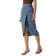 High Rise Wrap Front Tulip Midi Denim Skirt
