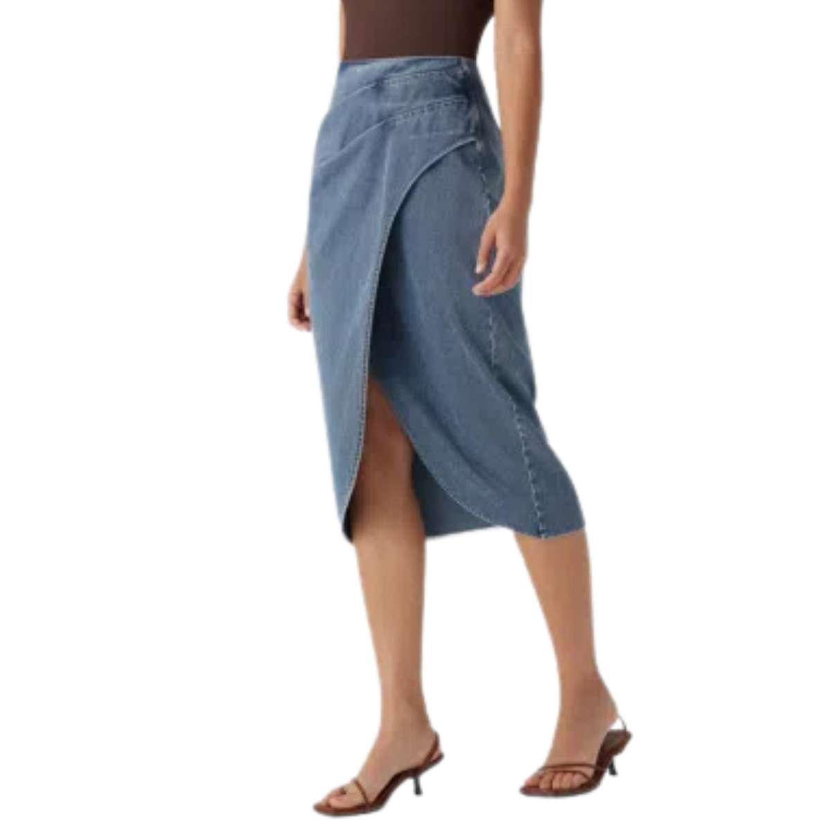 High Rise Wrap Front Tulip Midi Denim Skirt