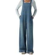 Washed Wide Leg Denim Overalls with Utility Pockets