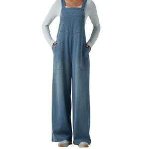Washed Wide Leg Denim Overalls with Utility Pockets