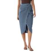 High Rise Wrap Front Tulip Midi Denim Skirt
