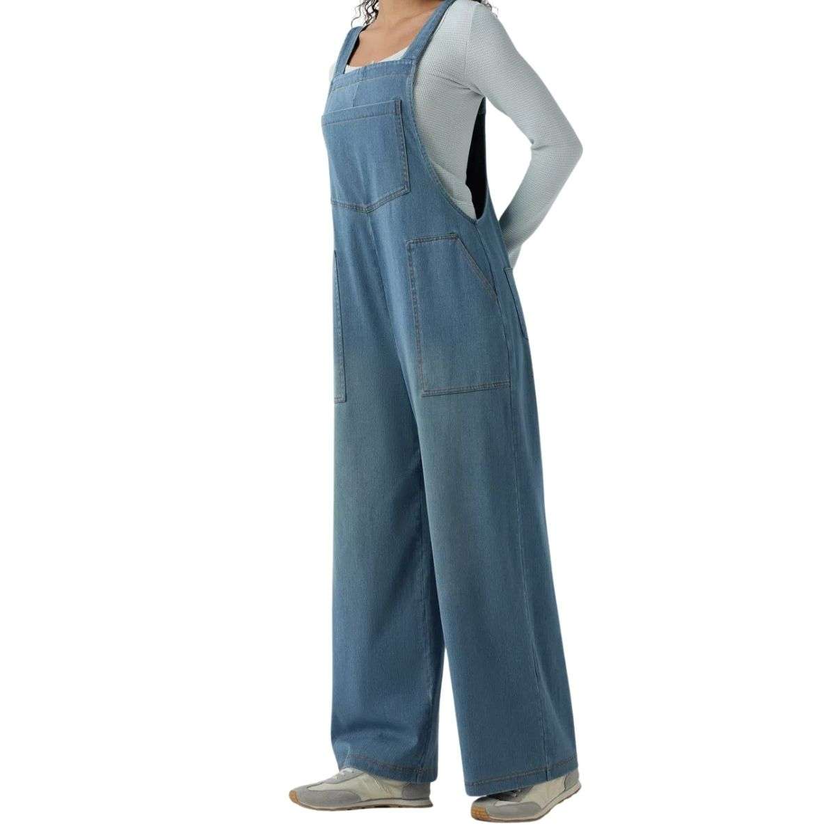 Washed Wide Leg Denim Overalls with Utility Pockets
