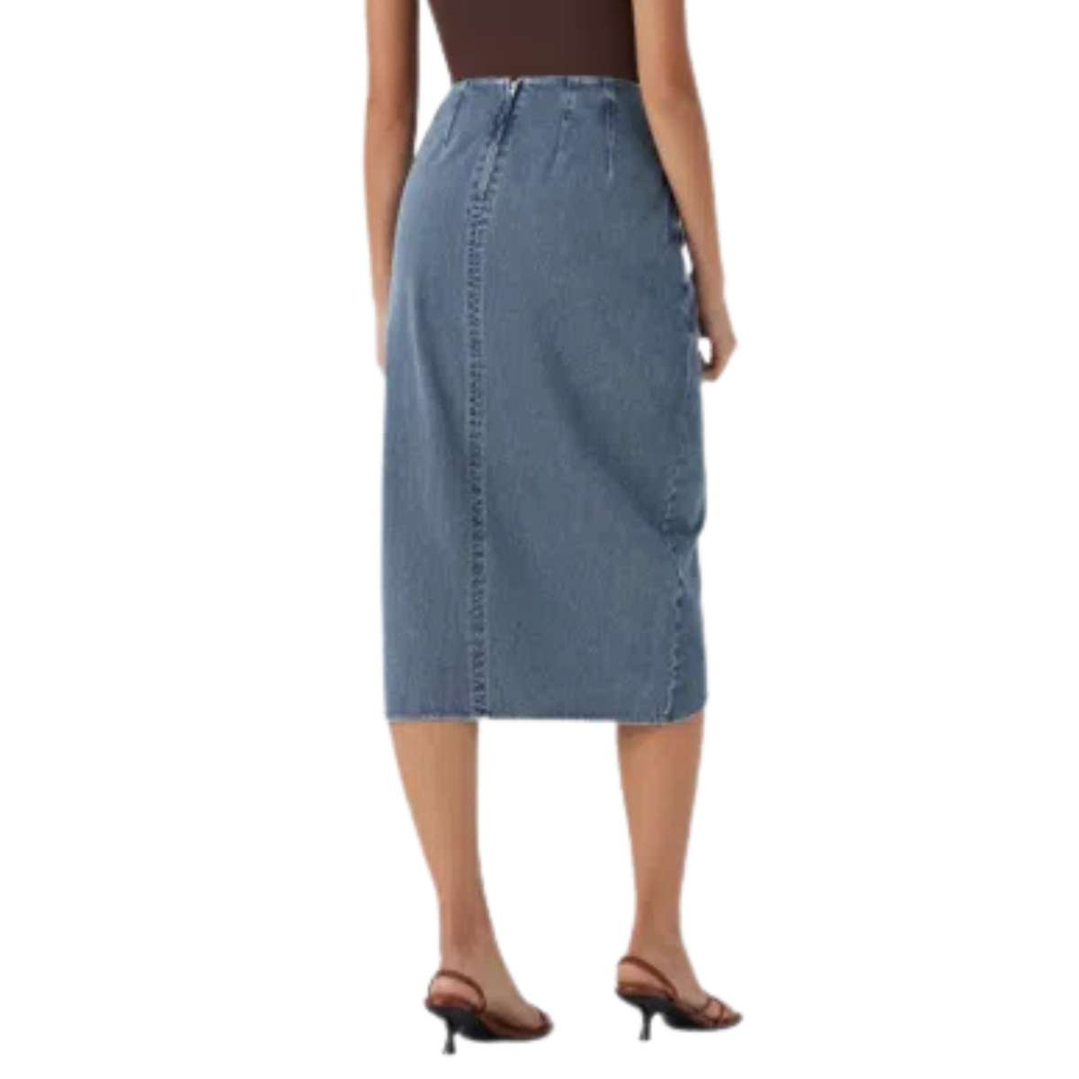 High Rise Wrap Front Tulip Midi Denim Skirt