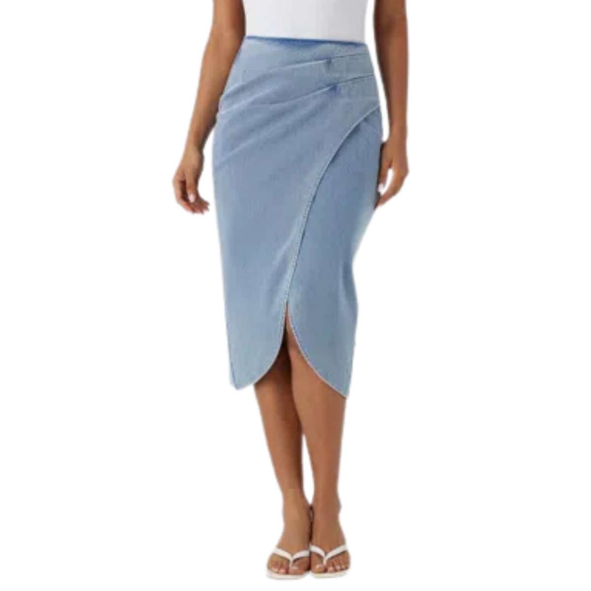 High Rise Wrap Front Tulip Midi Denim Skirt