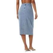 High Rise Wrap Front Tulip Midi Denim Skirt