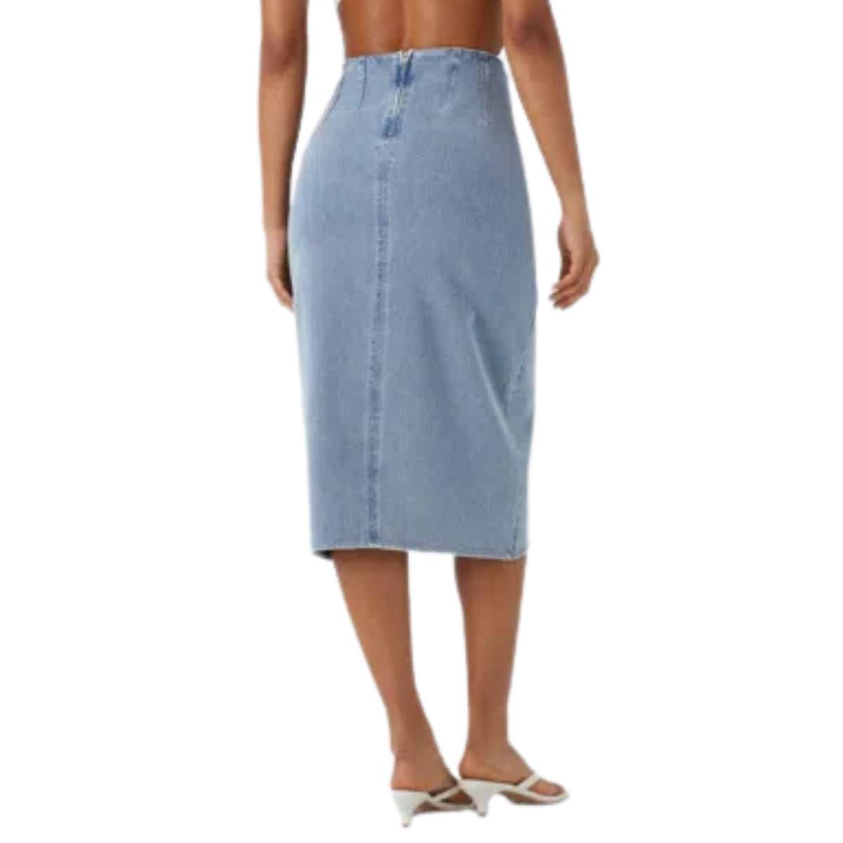 High Rise Wrap Front Tulip Midi Denim Skirt