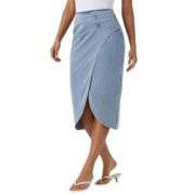 High Rise Wrap Front Tulip Midi Denim Skirt