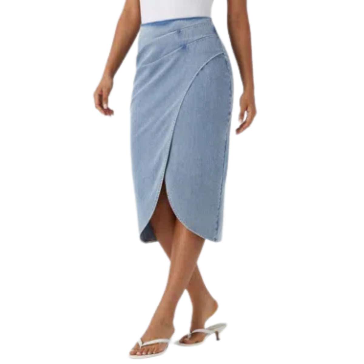 High Rise Wrap Front Tulip Midi Denim Skirt