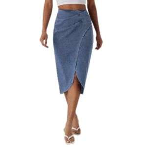 High Rise Wrap Front Tulip Midi Denim Skirt