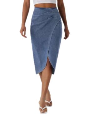High Rise Wrap Front Tulip Midi Denim Skirt