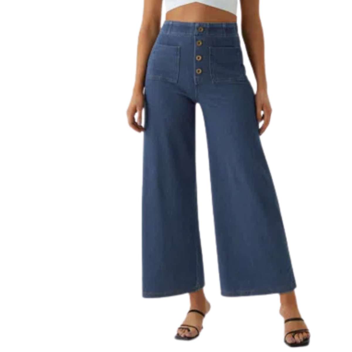High Rise Button Front Cropped Wide Leg Jeans