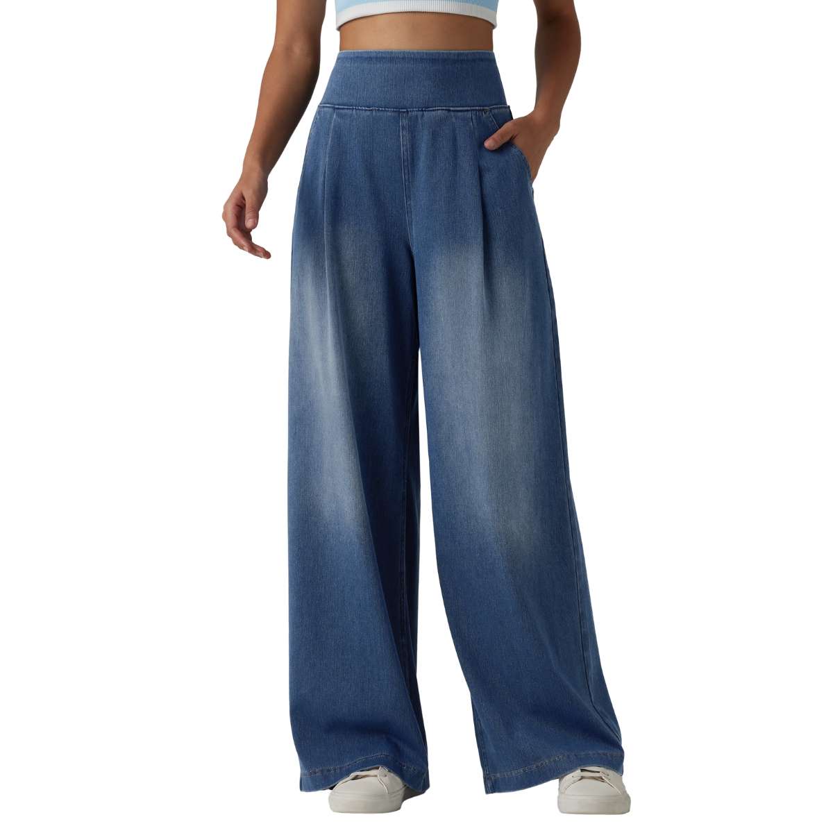 High Waist Washed Wide Leg Jeans with Stretch Waistband