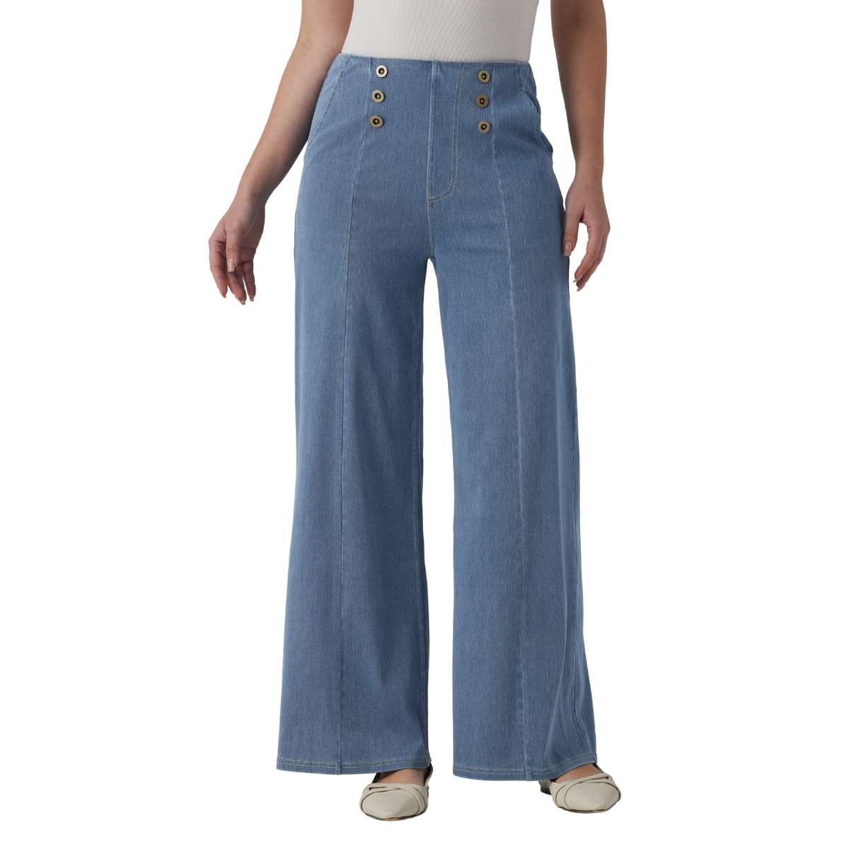 High Waist Button Detail Wide Leg Jeans