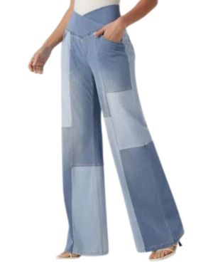 Crossover Waist Patchwork Wide Leg Jeans