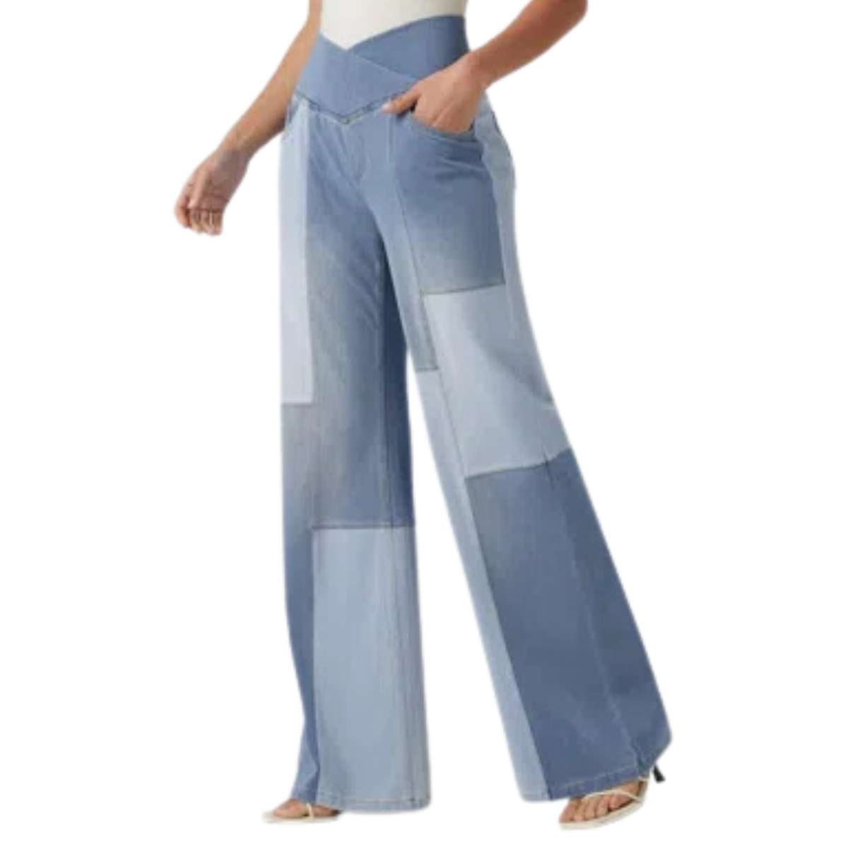 Crossover Waist Patchwork Wide Leg Jeans