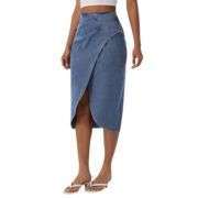 High Rise Wrap Front Tulip Midi Denim Skirt