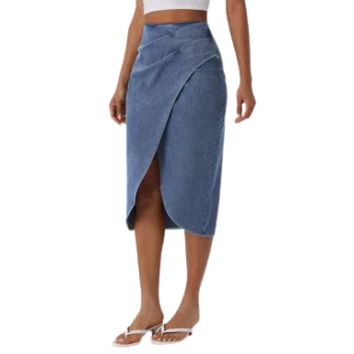 High Rise Wrap Front Tulip Midi Denim Skirt