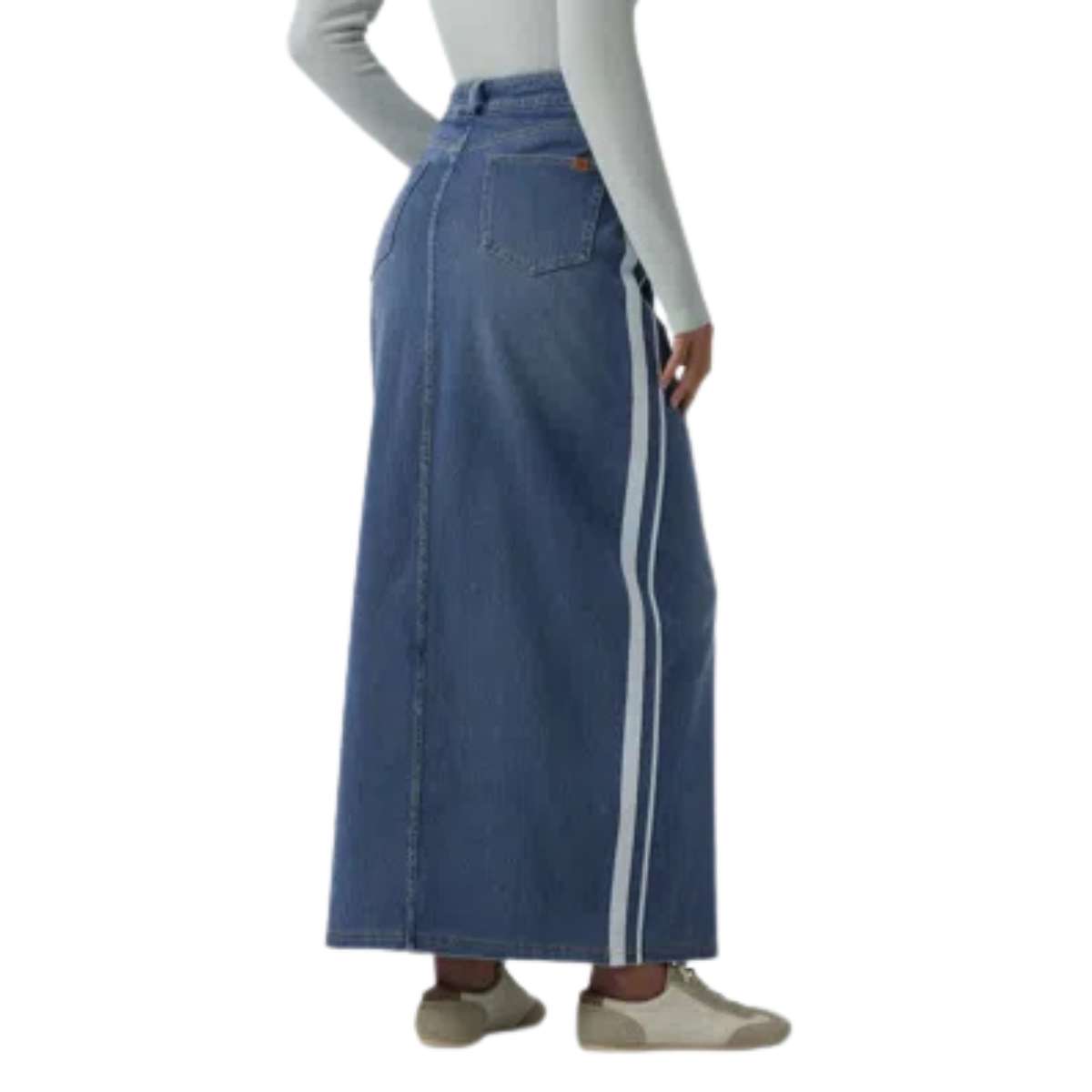 High Rise Side Stripe Split Maxi Denim Skirt