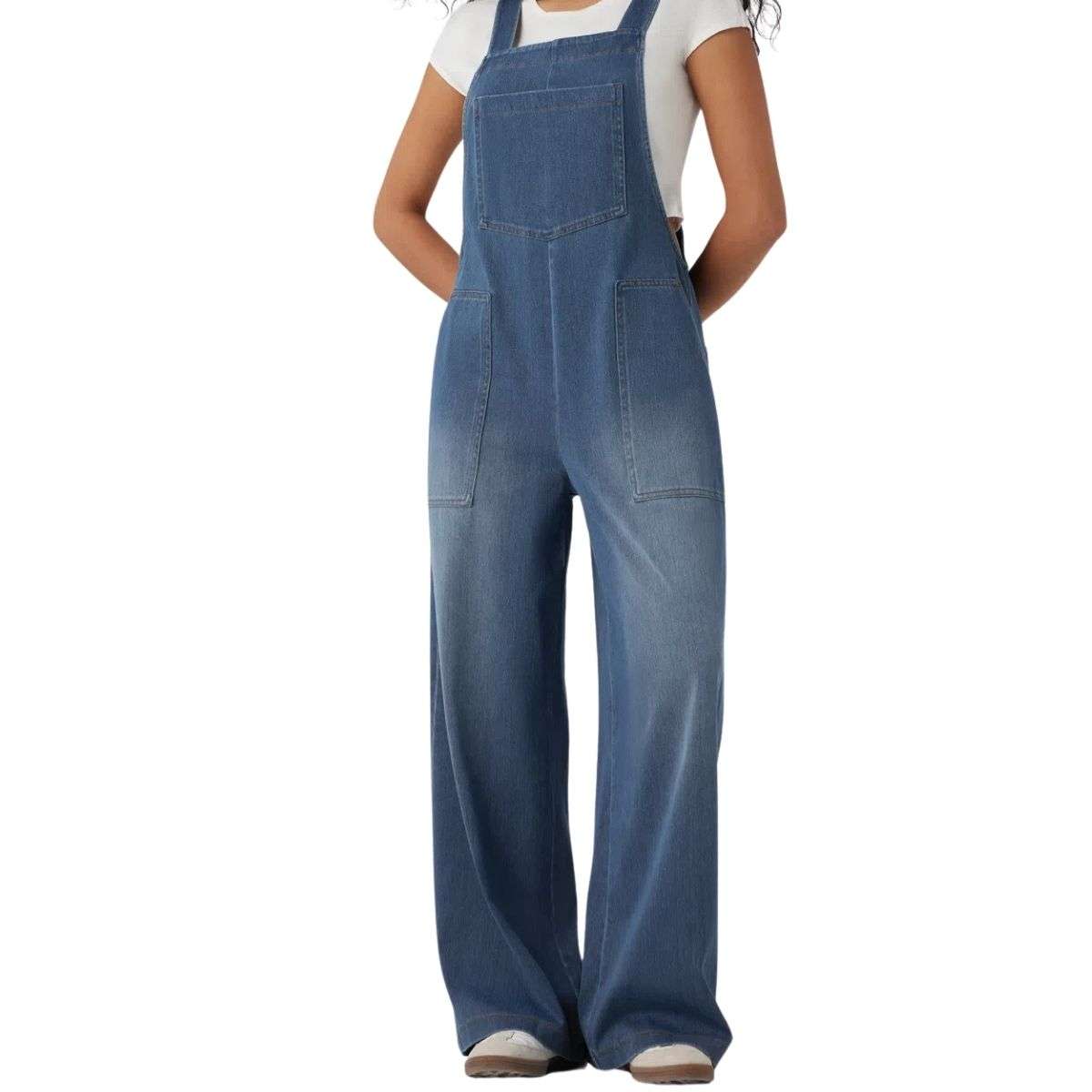 Washed Wide Leg Denim Overalls with Utility Pockets