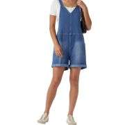 V-Neck Rolled Hem Denim Short Overalls with Pockets